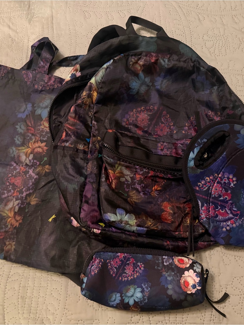 Cynthia Rowley Black Multi Floral Backpack with Matching Pouches